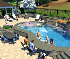 3D pool concept with people sitting at the bar in the pool.