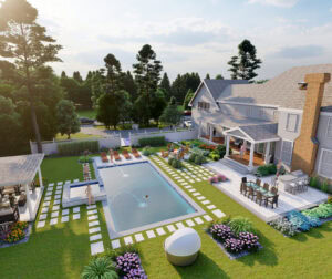 Lumion 3D Render of backyard pool area. Dex by Terra Landscape design / build project in Andover, Massachusetts