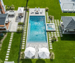 Drone image of the landscape design & build project by Dex by Terra in Andover, Massachusetts.