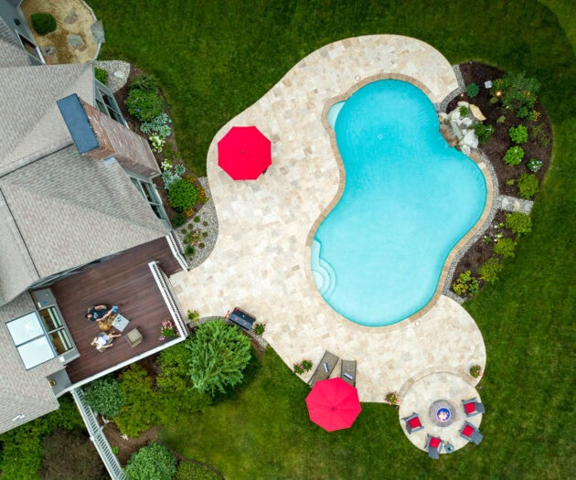 Drone image of pool showing the pool area after Dex by Terra conducted a pool renovation project.