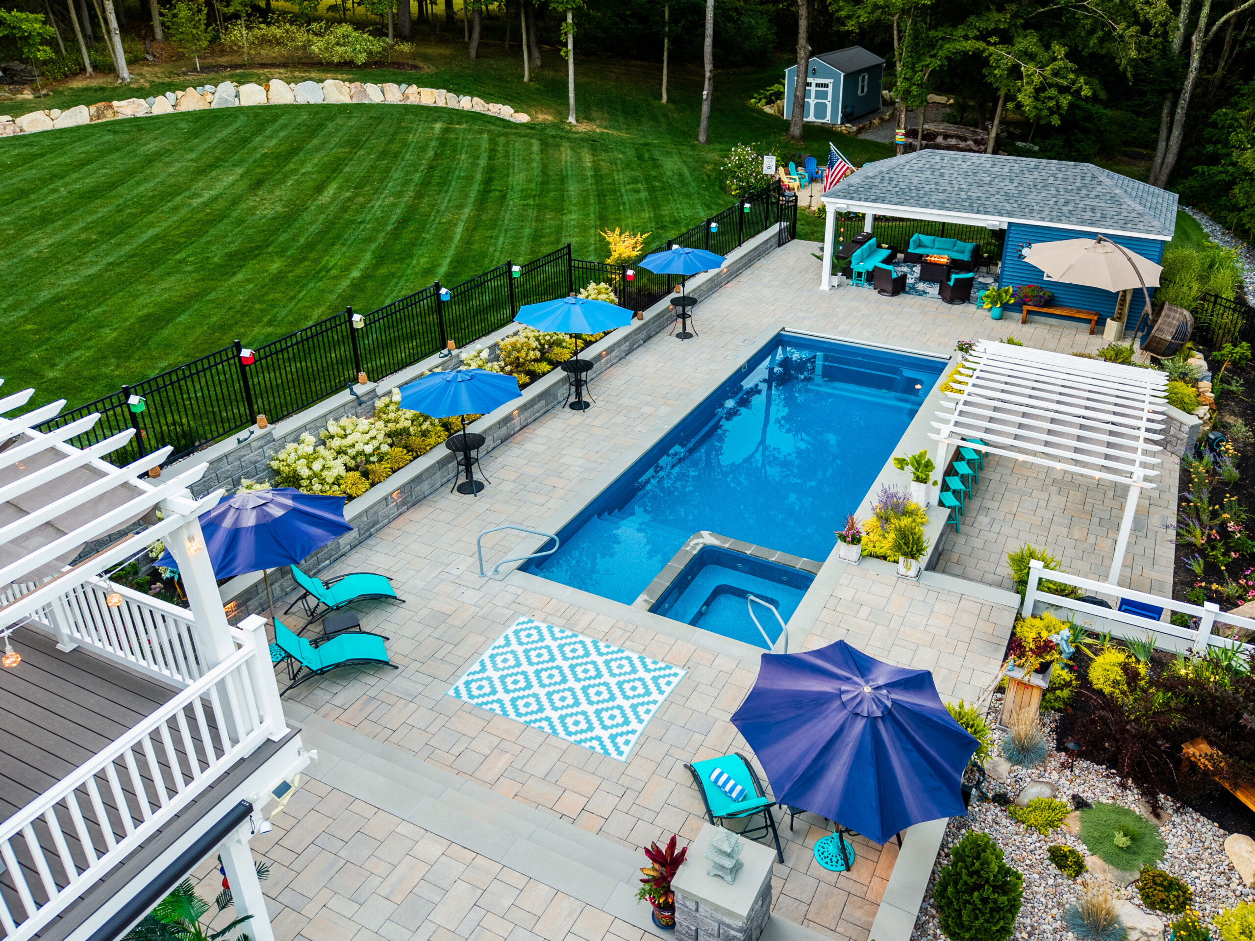 Drone View of a Dex by Terra landscape and hardscape design build project in Westminster, Massachusetts.