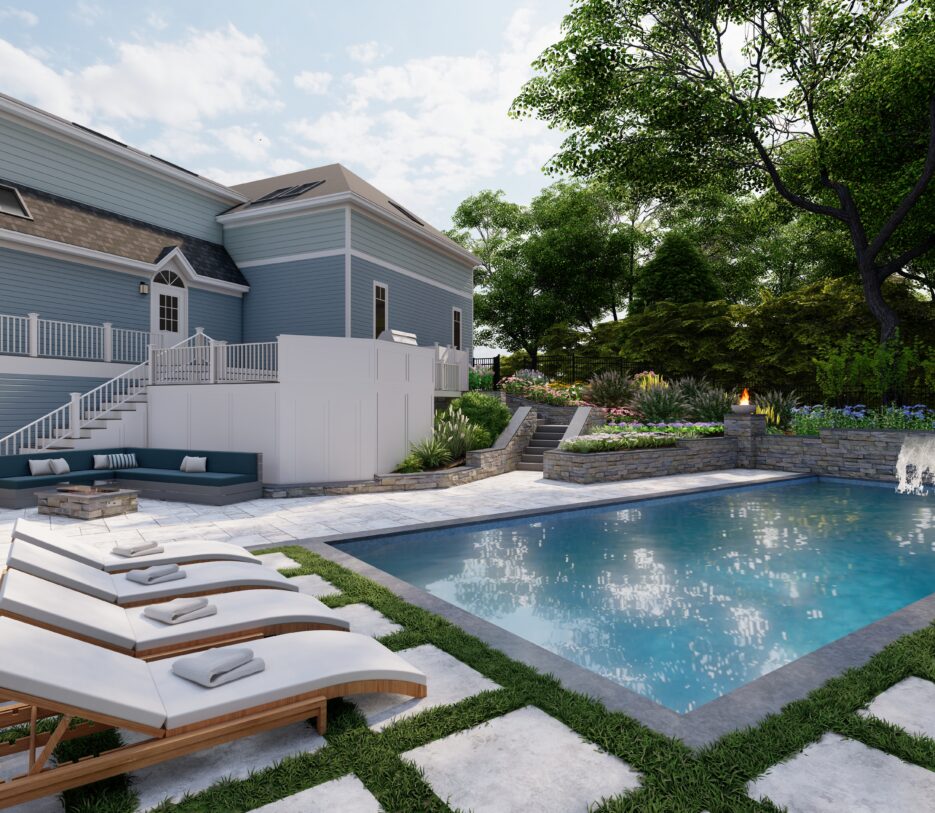 Lumion Render depicting the pool area and rear of home.