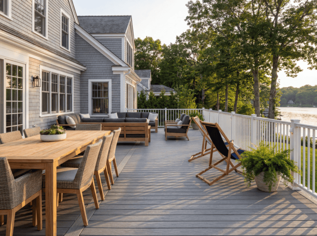 Grey backyard deck with dining area and lounge chairs overlooking water.
