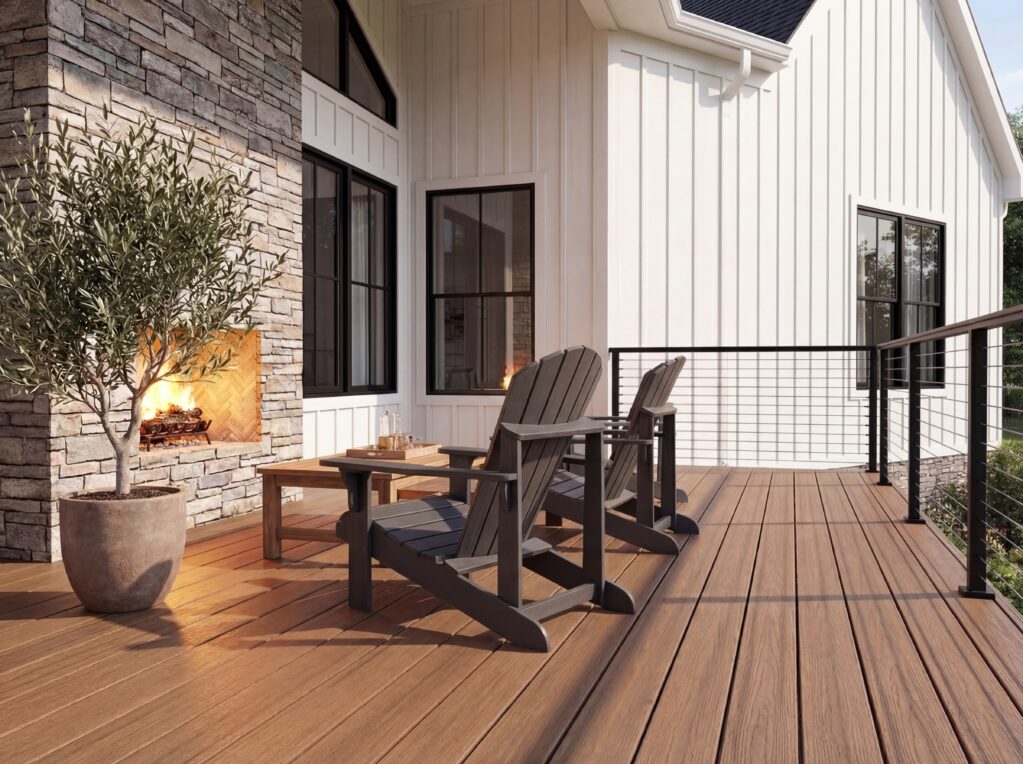 A walnut composite deck with chairs facing an exterior fireplace.