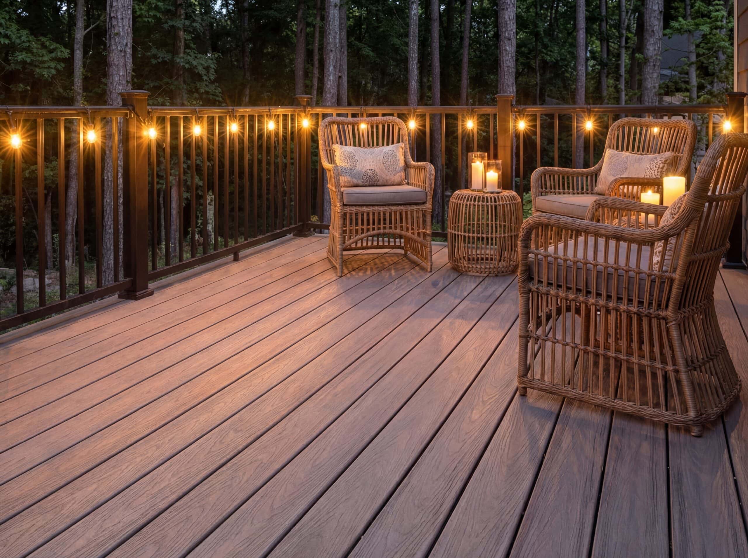 An evening scene on a backyard composite deck with chairs and string lights.