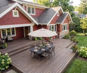 A brown platform deck extends into the backyard from a red New England home.