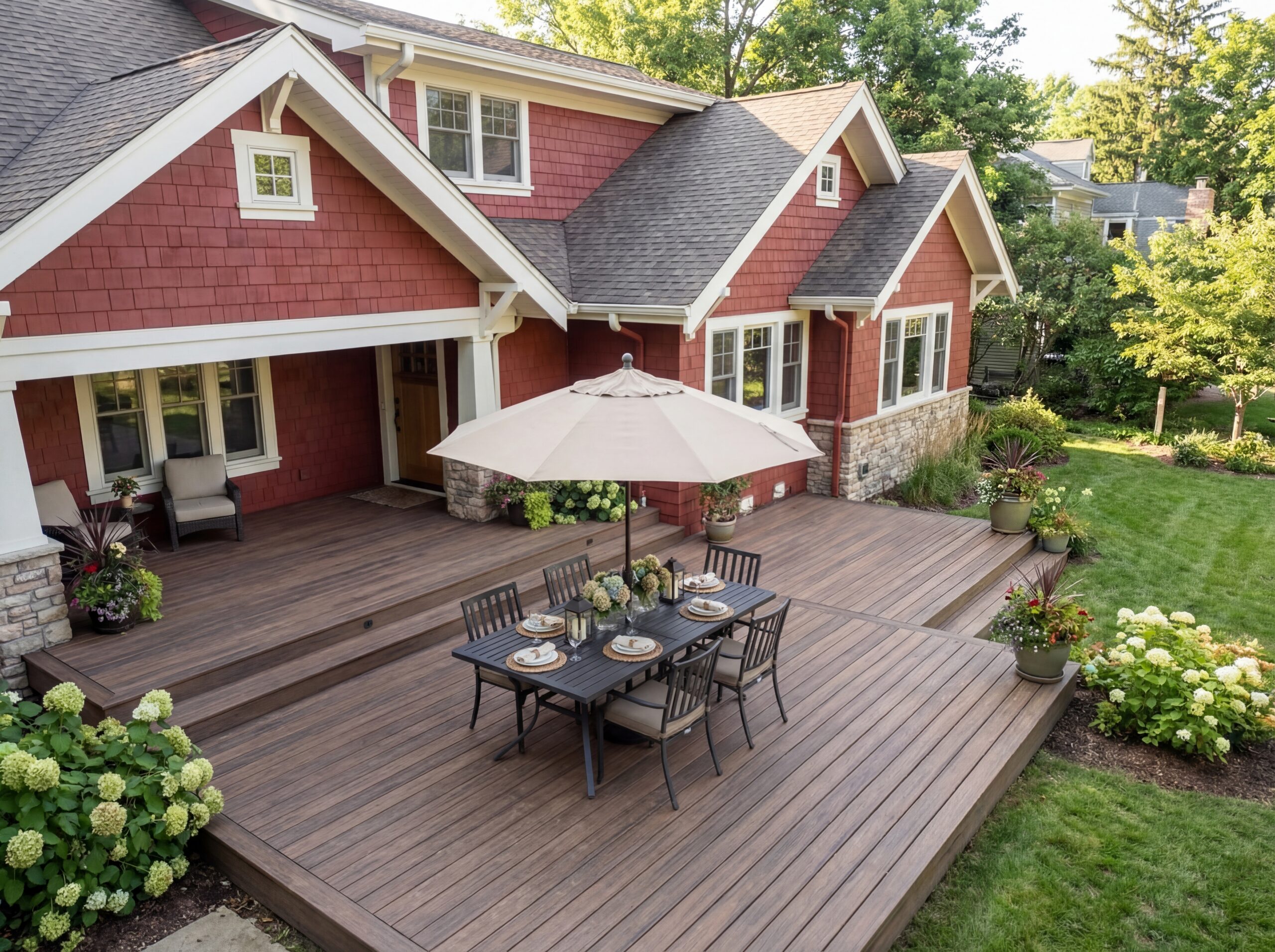 A brown platform deck extends into the backyard from a red New England home.
