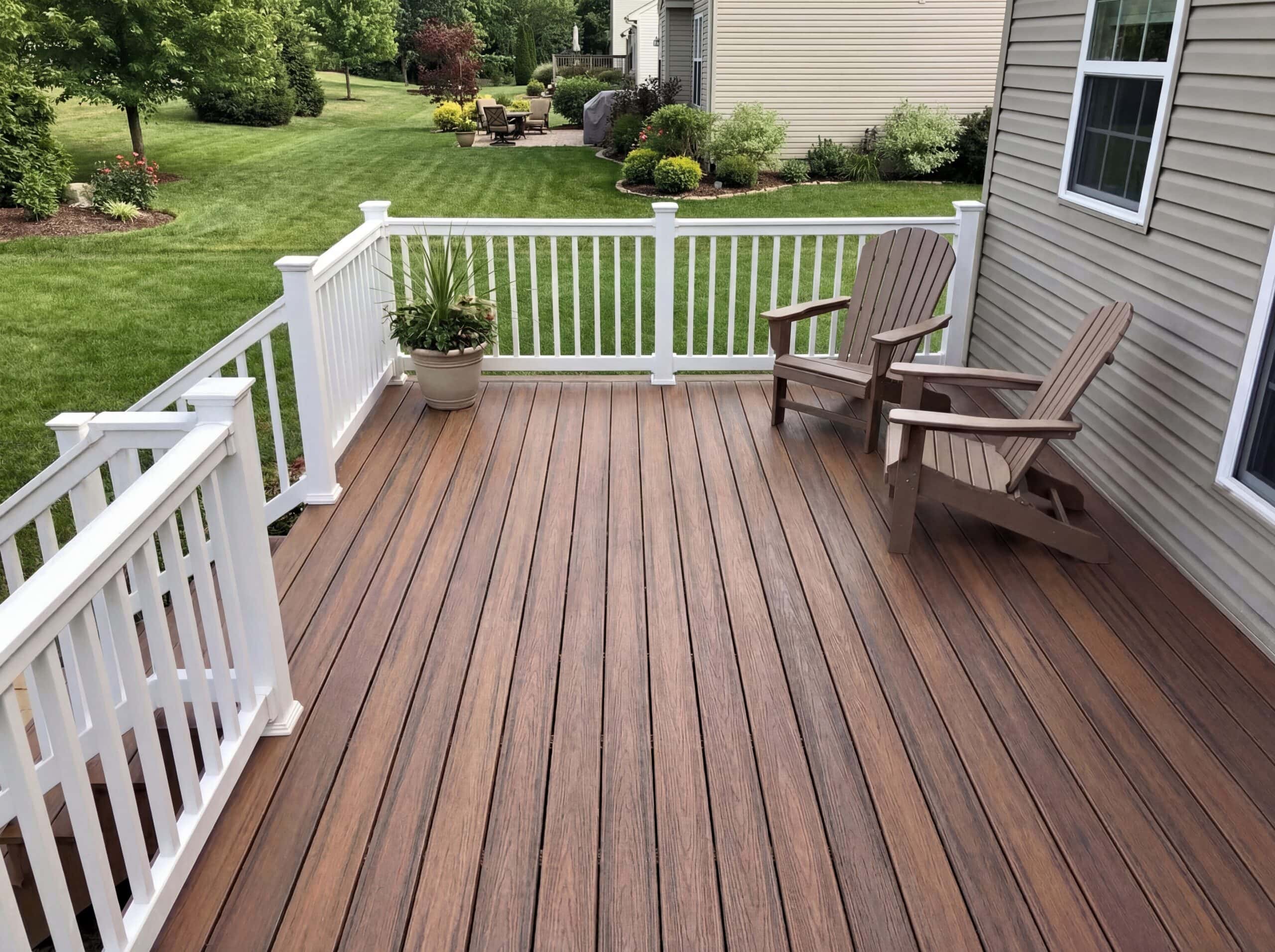A backyard deck with brown composite decking and white PVC railings.