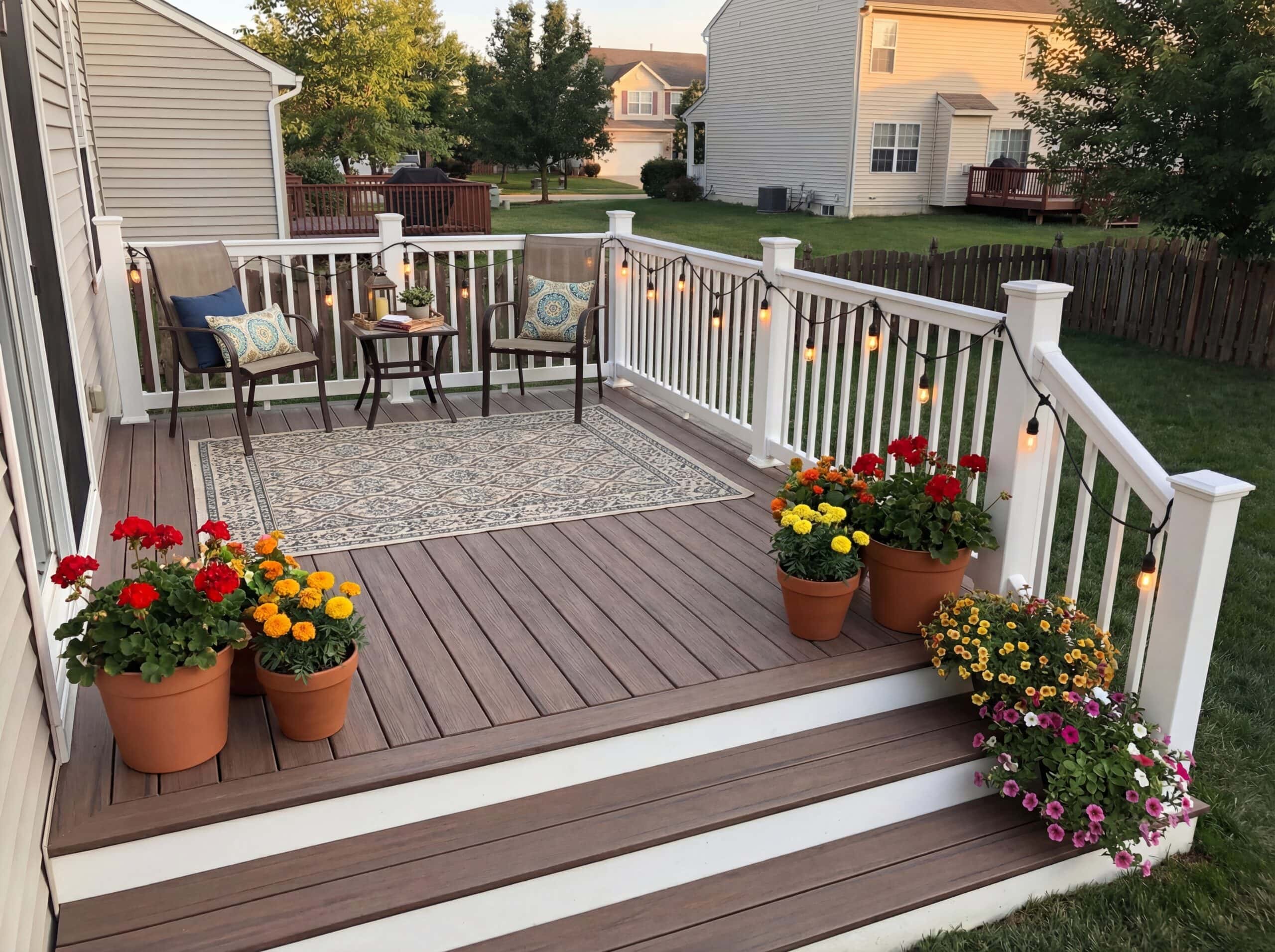 A small backyard composite deck with steps, flowers, and string lights on the white PVC deck railings.